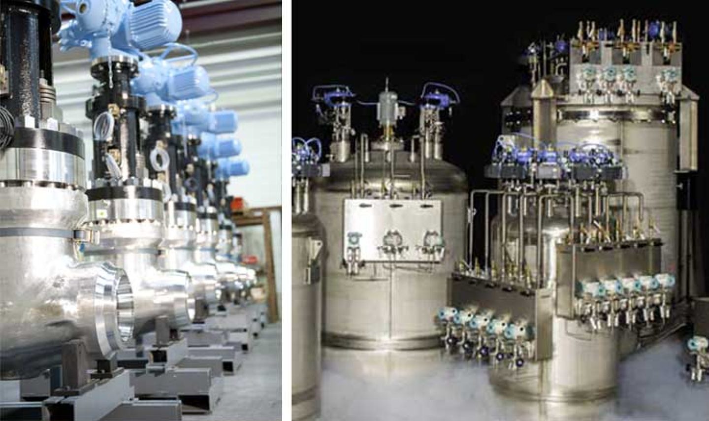 De gauche à droite : vannes de sureté forgée haute pression / vanne de contrôle cryogénique installées dans des boites froides